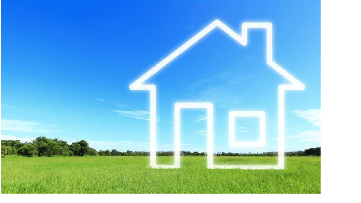House outline drawn in the sky over a green field
